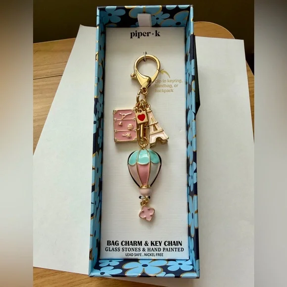 Piper K Paris Themed Bag Charm / Keychain in Gold & Pink - Picture 3 of 14